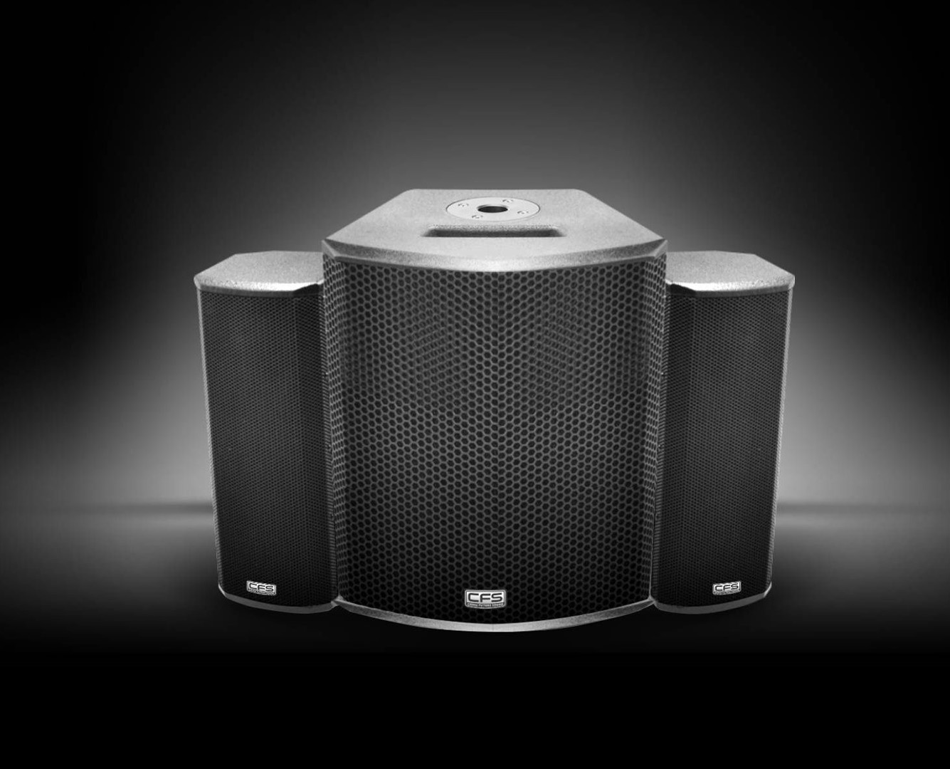 Three black professional speakers with perforated grilles against gradient background