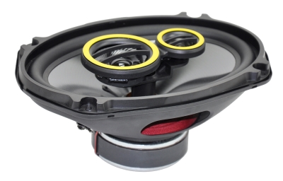 CMC-69 6x9-inch coaxial car speaker with 50W RMS power, 89dB sensitivity, 40Hz–20kHz frequency response, steel basket, ferrite magnet, dual copper dome tweeters, and polypropylene cone.