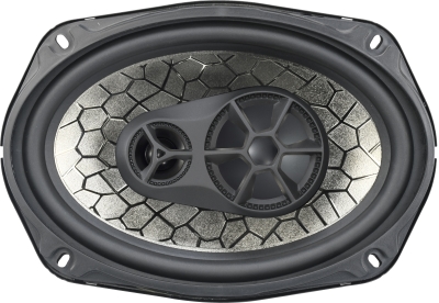 CMC69G3 6x9-inch coaxial car speaker with 60W RMS, 3-way design featuring 1-inch woofer voice coil, 0.75-inch midrange, and 0.5-inch PEI dome tweeter for clear highs and deep bass.