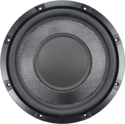 China Future Sound SE-FG1 slim subwoofer (front view) — fiberglass cone with NBR rubber surround, pressed-steel basket; 10/12-inch, 300W RMS, 2” D2/D4 voice coil.
