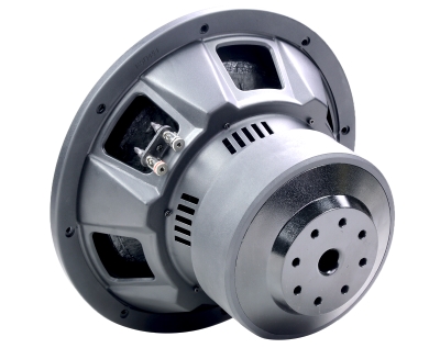 SE-V5 Series subwoofer rear view showing FEM optimized open motor structure, double stacked ferrite magnet, and stamped steel basket with vent holes for cooling.