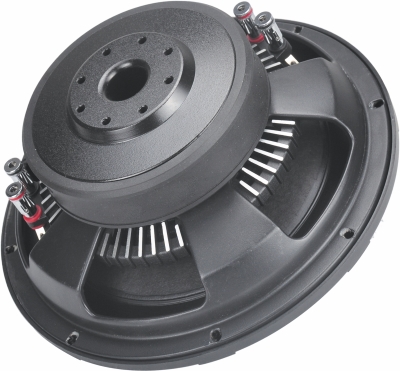 China Future Sound SE-F slim car subwoofer (rear view) — vented pressed-steel basket with cooling fins and spring terminals; 2” D2/D4 voice coil, 250–300W RMS.