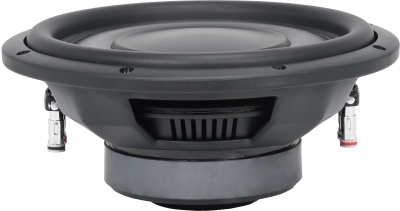 China Future Sound SE-FG2 slim subwoofer side profile — shallow-mount pressed-steel basket, vented motor, spring speaker terminals.
