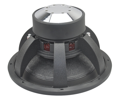 SG Series subwoofer rear view showing high flux ferrite motor, heavy-duty die-cast basket, and 3-inch flat wire aluminum voice coil system with advanced airflow cooling.