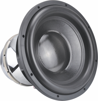 SP12GN 12-inch subwoofer with carbon fiber cone, 3000W RMS power, 4-inch voice coil, dual D1/D2 impedance, and wide frequency response for powerful bass.