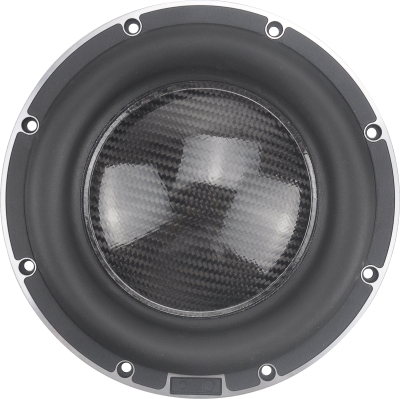 SW8 8-inch subwoofer front view with carbon fiber cone and die-cast aluminum basket.