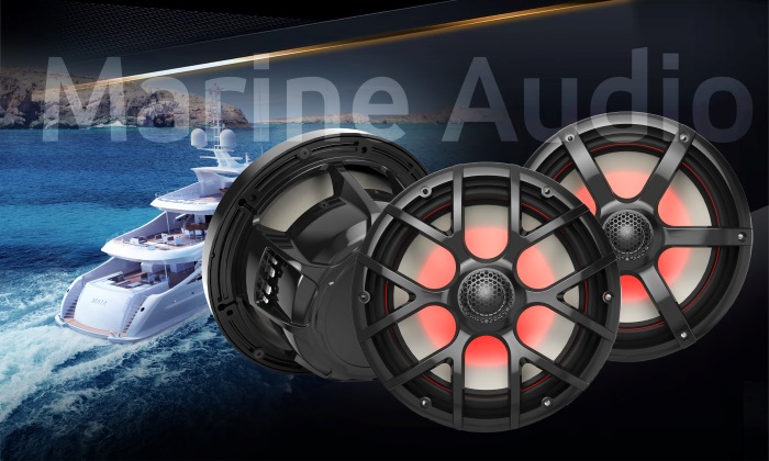Marine Audio speakers with red LED lighting and rugged frames against luxury yacht ocean backdrop.