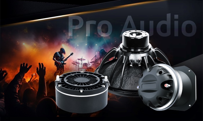 Pro Audio speakers and drivers with concert stage background showing guitarist and cheering crowd