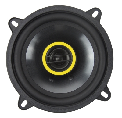Round coaxial car speaker with yellow accent and dome tweeter, front view.