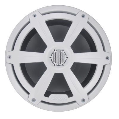 White marine speaker grille with six-spoke design and perforated center dome.