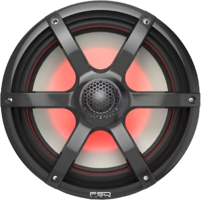 Black marine speaker with six-spoke grille design, red LED lighting, and "FSD" branding at bottom.