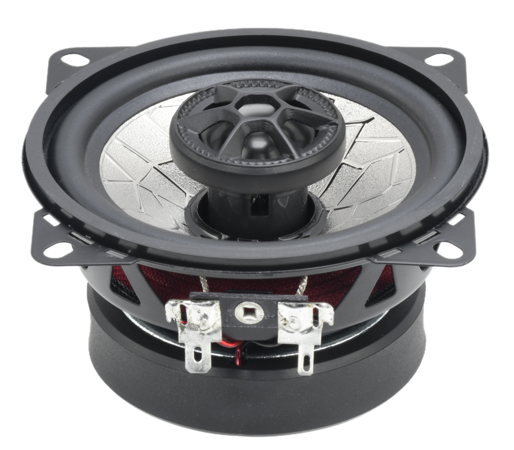 Angled view of CMC4G3 4-inch coaxial car speaker featuring 30W RMS, 1” woofer voice coil, 0.5” PEI dome tweeter, 4 ohms impedance, and wide 70Hz–20kHz frequency response.