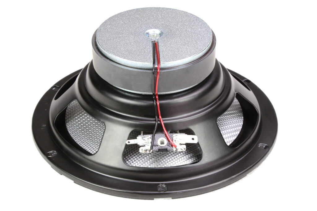 Rear view of CMC65G1 coaxial speaker showing ferrite magnet and sturdy basket design for durability and powerful sound.