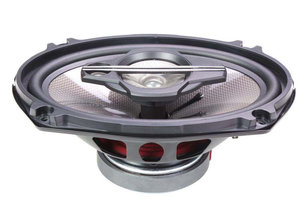 Angled view of CMC69G2 coaxial speaker featuring 60W RMS, 1” woofer voice coil, 0.75” tweeter coil, wide 40Hz–20kHz range, and 89.8dB sensitivity.