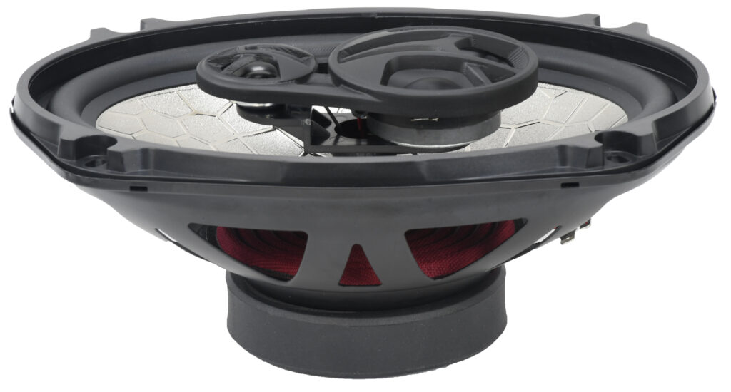 Side view of CMC69G3 6x9-inch coaxial speaker, 60W RMS power, 46Hz–20kHz frequency response, 89.8dB sensitivity, durable steel basket, and optimized design for powerful in-car audio.