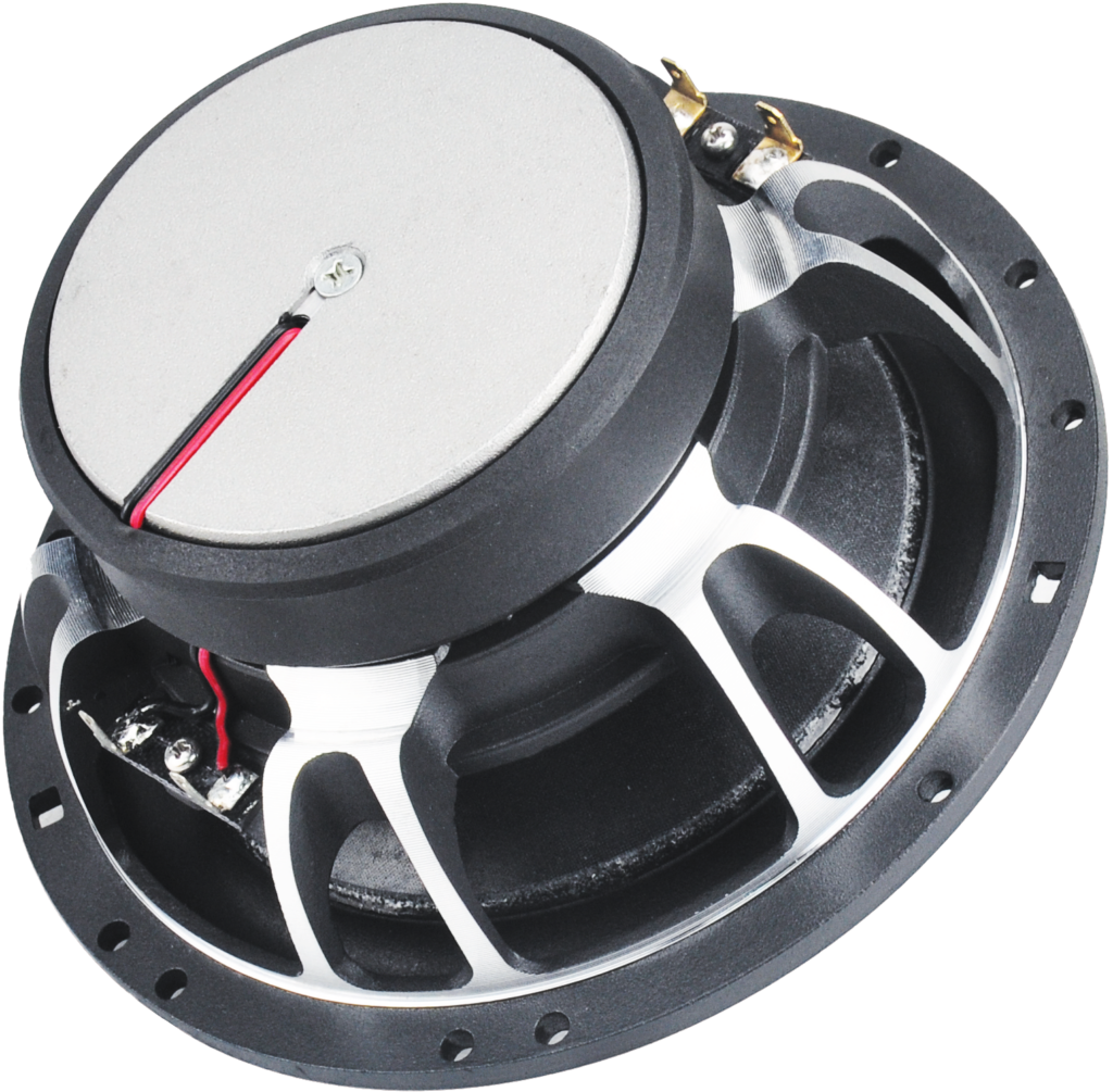 Rear view of CMG65X 6.5-inch coaxial car speaker showing sturdy frame, magnet, and wiring terminals for durable installation.