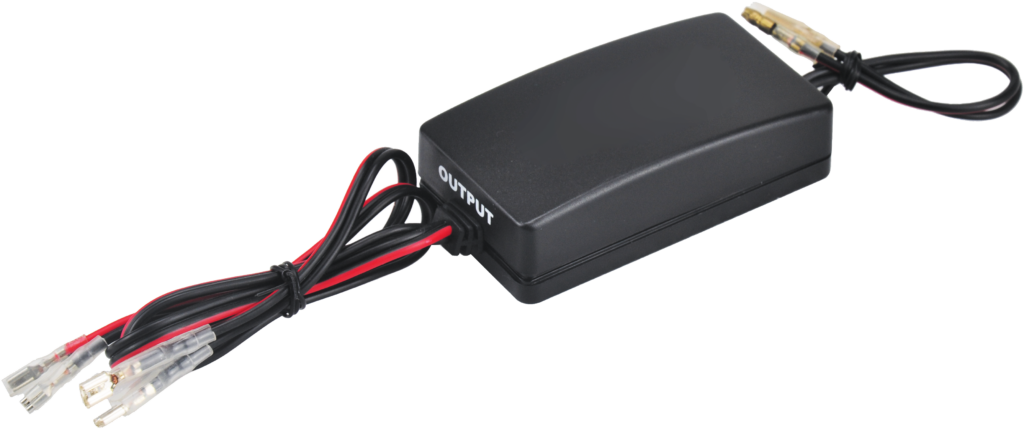 Black rectangular crossover/module for CMG65X coaxial car speaker with bundled red-and-black wires and gold-plated connector plugs.