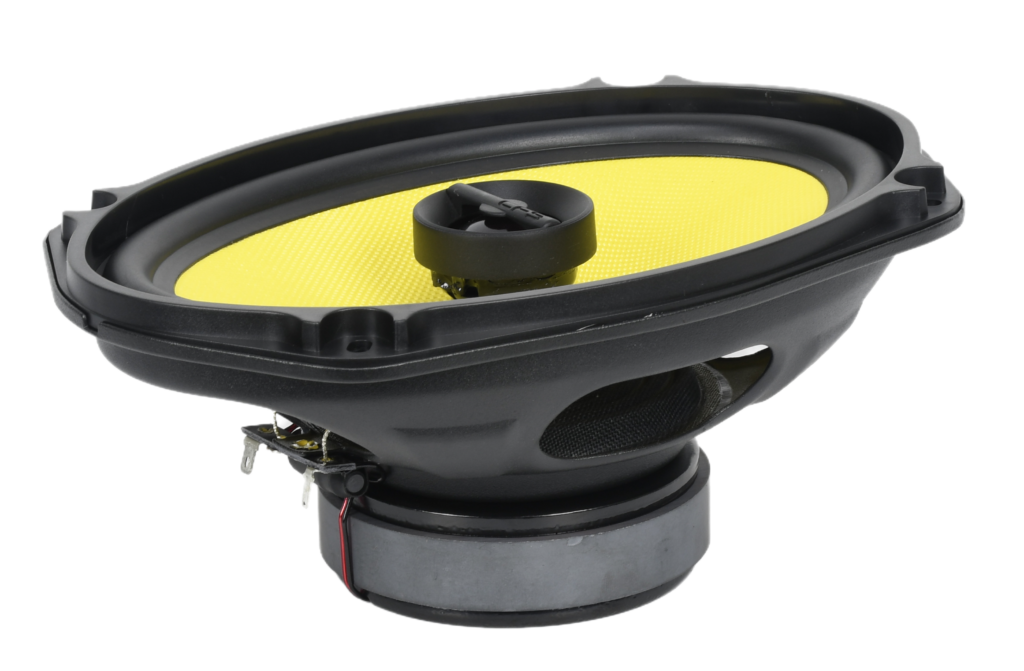 CMG68G2 6x8-inch coaxial car speaker with yellow cone, 60W RMS, 4-ohm impedance, 1.25” ferrite woofer coil, 1” CCAW neo tweeter, 88.1dB sensitivity, and 50Hz–20kHz frequency response.