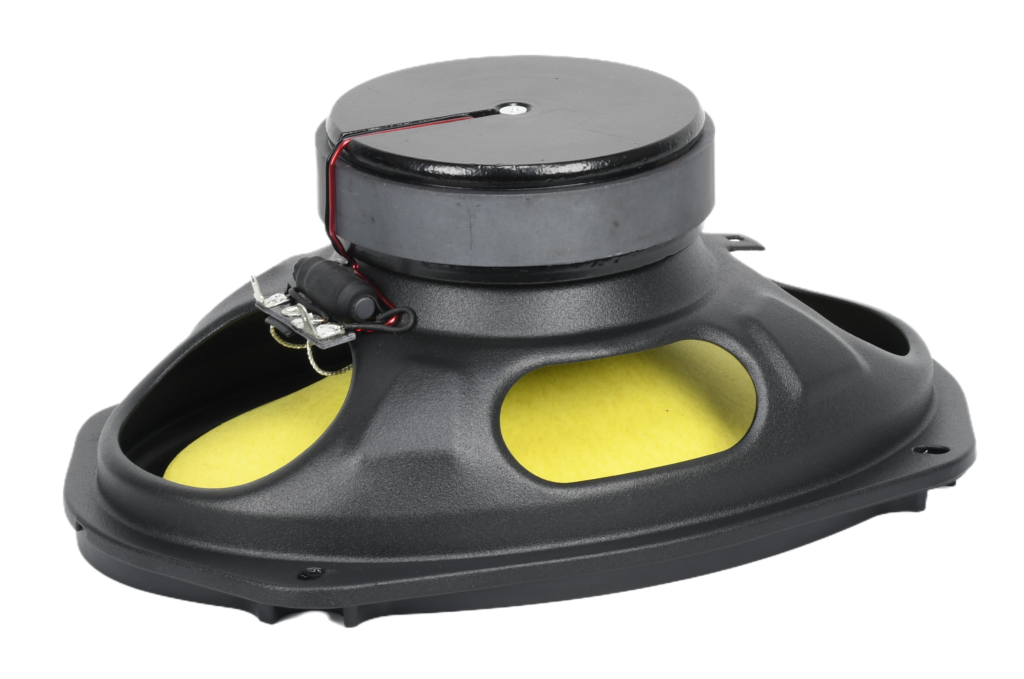 CMG69G2 6x9-inch coaxial car speaker with yellow cone, 100W RMS, 4-ohm impedance, 1.25” ferrite woofer coil, 1” CCAW neo tweeter, 88.4dB sensitivity, and 45Hz–20kHz frequency response.