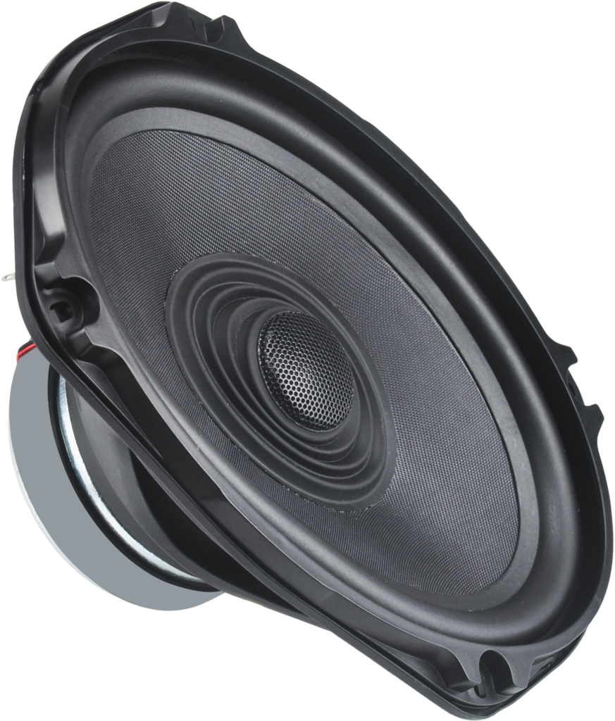 Front angled view of CMG69X 6x9-inch coaxial car speaker – 60W RMS, 43Hz–20kHz response, 90.4dB sensitivity, 1.25” voice coil, and 25mm silk dome tweeter for balanced sound.