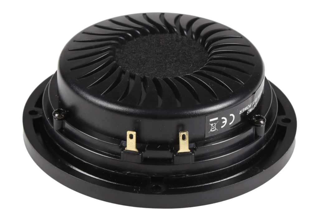CP3M Midrange Speaker – Rear View Showing 2" Voice Coil Housing and Terminal Connectors, 100W RMS, 8 Ohms, Compact Car Audio Driver