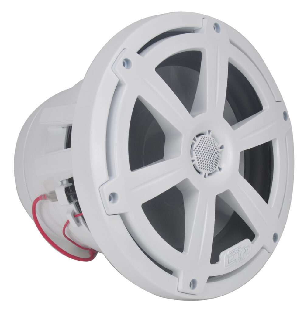 White marine coaxial speaker with exposed back showing magnet assembly and red/black wire connections.