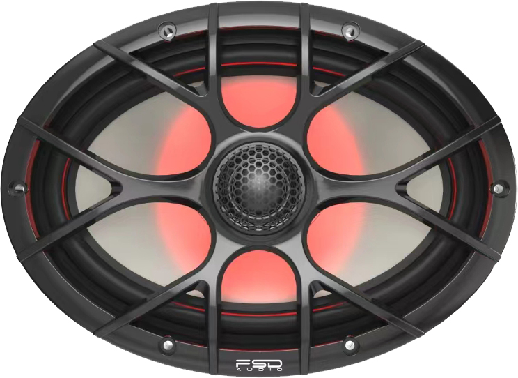 Black oval marine speaker with eight-spoke grille design, red LED lighting, and "FSD" branding.