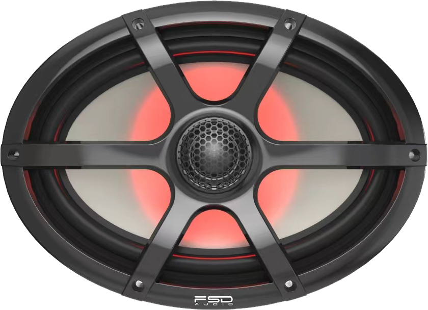 Black oval marine speaker with six-spoke grille design, red LED lighting, and "FSD" branding.