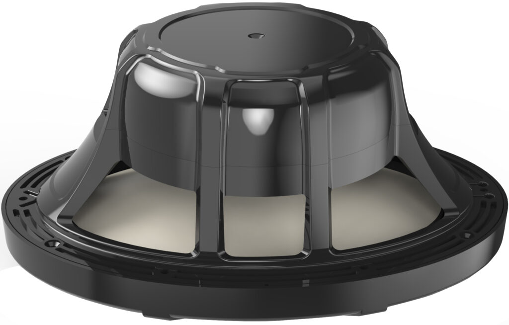 Black marine speaker back view showing internal magnet assembly, mounting frame, and structural supports.