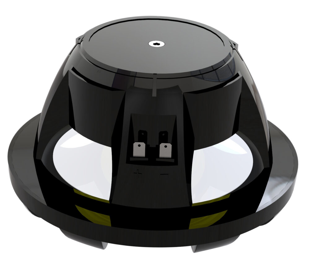 Marine speaker woofer with yellow accent markings and robust waterproof construction.