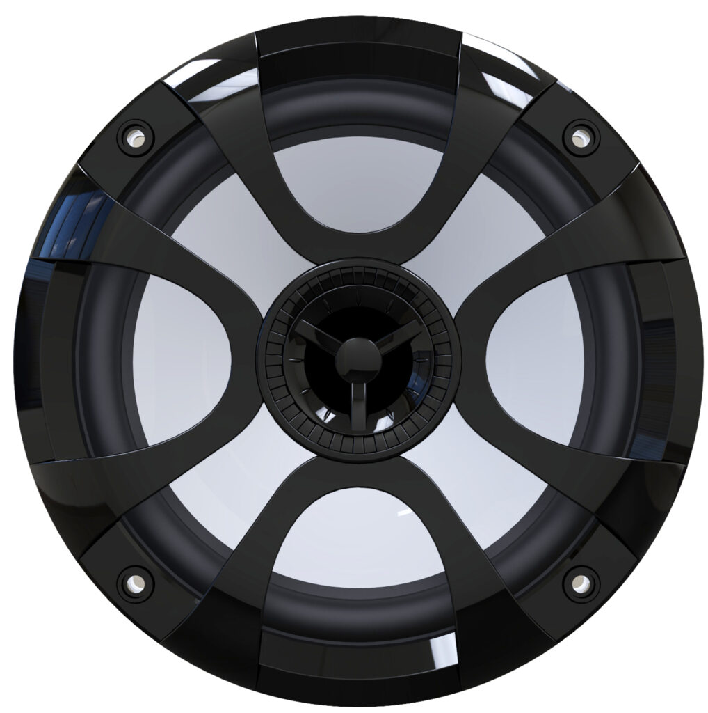 M6E/M8E marine coaxial speaker with black protective grille and mounting hardware.