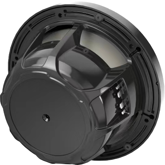 Black marine speaker back view showing internal magnet assembly and mounting frame.