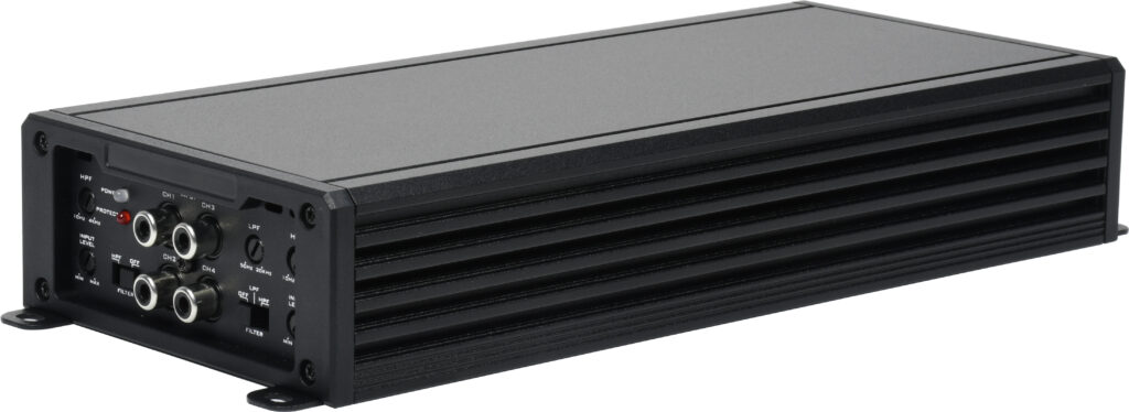 MD140.4 4-channel amplifier with RCA inputs, level controls, and adjustable crossover filters.