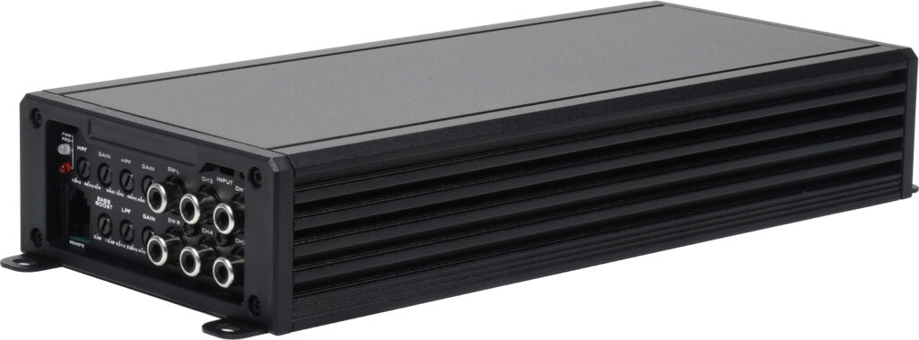 MD1600.5 5-channel Class D car amplifier with RCA inputs, gain knobs, filters, and control switches for precise audio tuning.