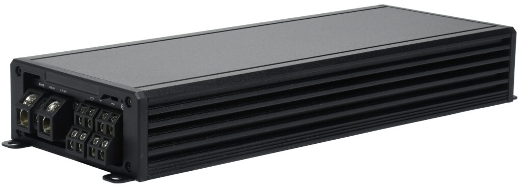 MD225.4 compact Class D amplifier with heavy-duty power and speaker ports.