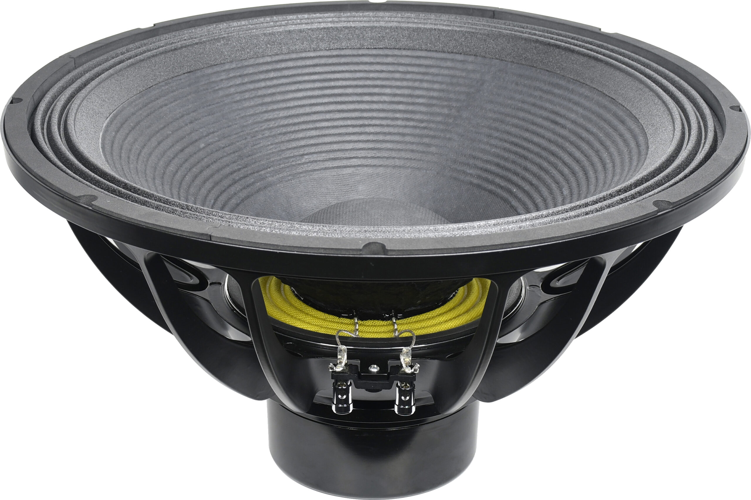 PW Series high output subwoofer with ribbed cone, yellow spider, and die-cast aluminum frame for deep bass performance.