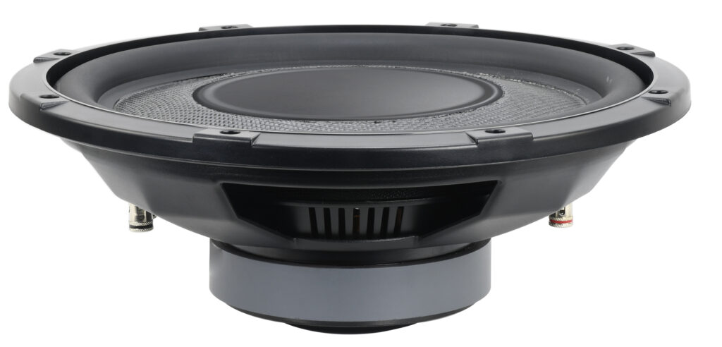 China Future Sound SE-FG1 slim subwoofer (side profile) — shallow-mount design with vented basket and motor, fiberglass cone, spring speaker terminals.
