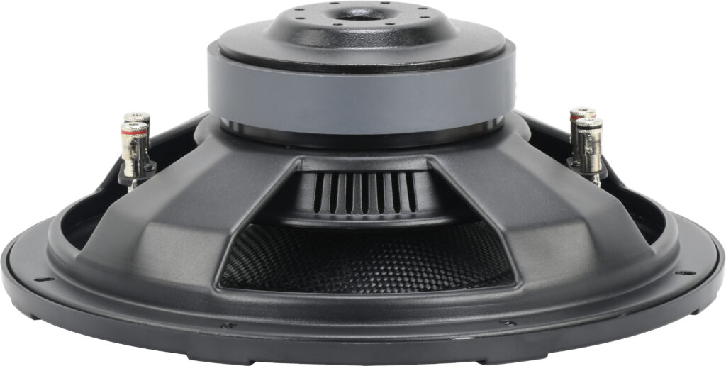 China Future Sound SE-FG1 slim subwoofer (rear view) — high-efficiency magnet motor with cooling vents and spring terminals; 2” high X-max coil, ±12 mm excursion.