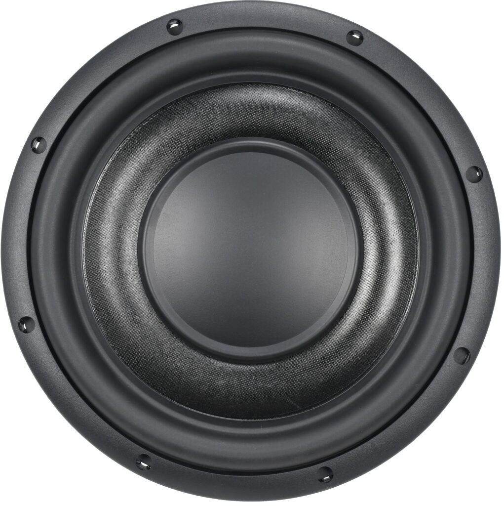 China Future Sound SE-FG2 slim subwoofer front view — 8/10/12-inch, 200–300W RMS, 2-inch D2 or D4 voice coil, 32–300Hz response, solid dust cap and rubber surround.
