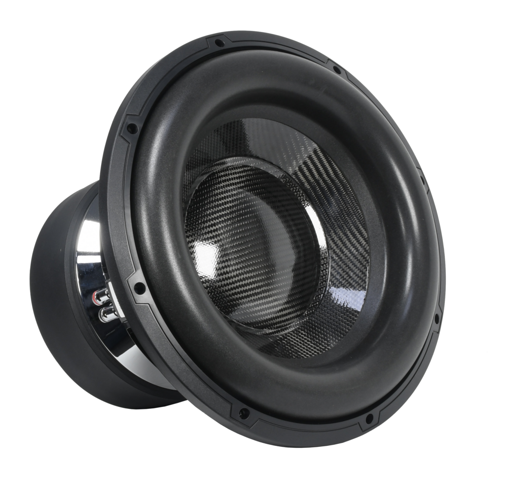 SP12G5 12-inch subwoofer with carbon fiber cone, 3000W RMS power, 4-inch voice coil, and D1/D2 dual impedance for deep bass performance.