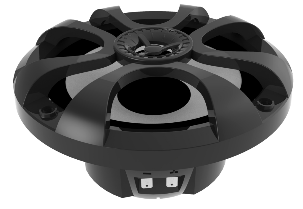 Marine speaker driver assembly showing internal components and voice coil construction.