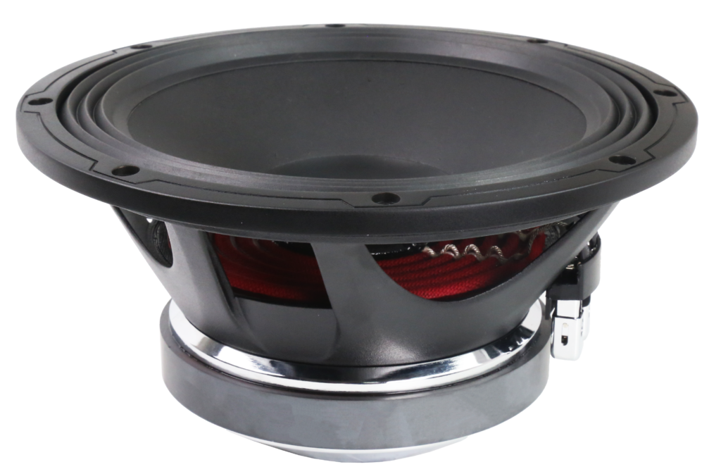 SW10/SW12 Hi-Fi car audio subwoofer front angled view with non-pressed pulp cone, linear spider, and die-cast aluminum basket.