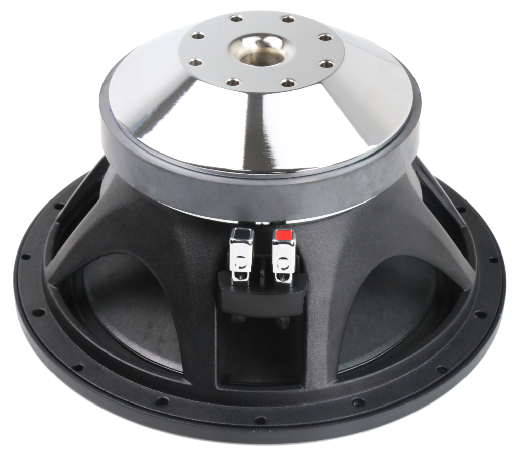 SW10/SW12 Hi-Fi car audio subwoofer rear view showing high-density ferrite motor, multi vent cooling system, and dual spring-loaded terminals.