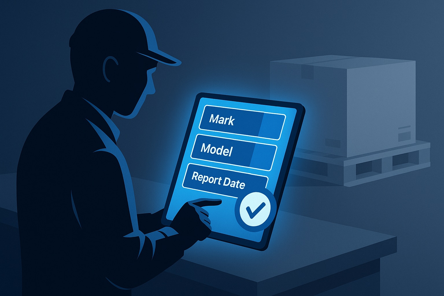 Stylized receiving tech checking an evidence-pack tablet showing Mark, Model, and Report Date aligning.