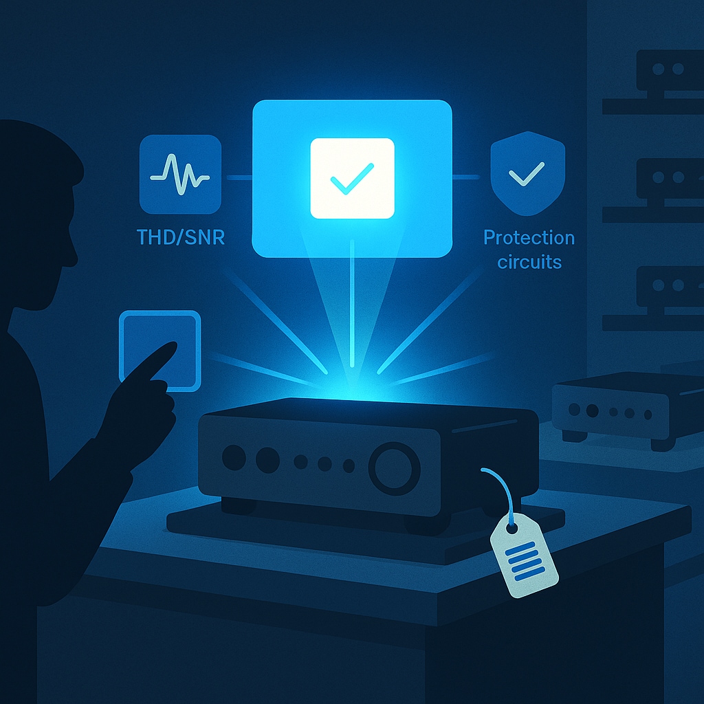 Stylized illustration of a glowing test beacon over an amplifier fixture, indicating THD/SNR checks and unit-level traceability.