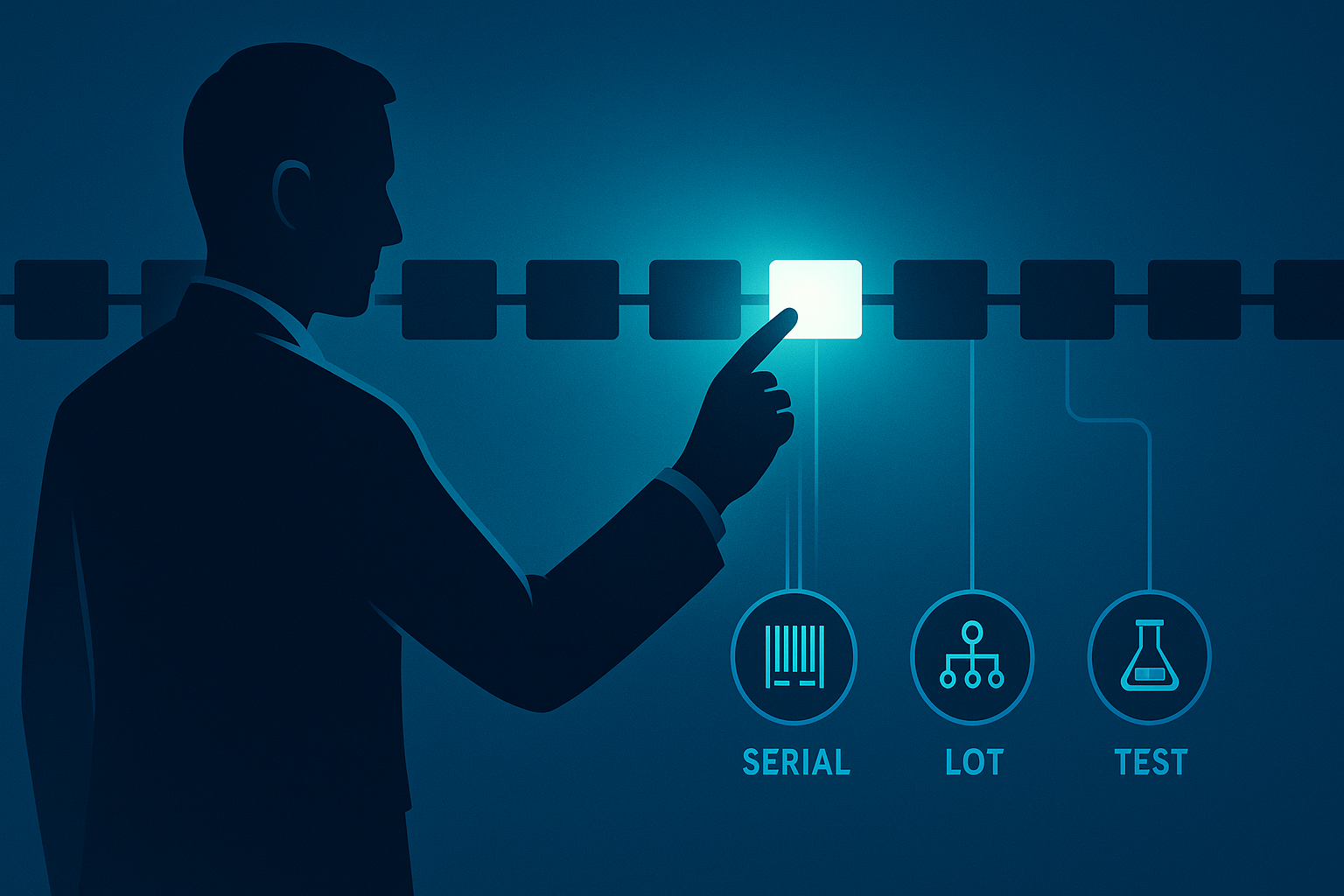 Stylized illustration of a manager selecting a glowing block in a blockchain-like chain to show fast bidirectional traceability.