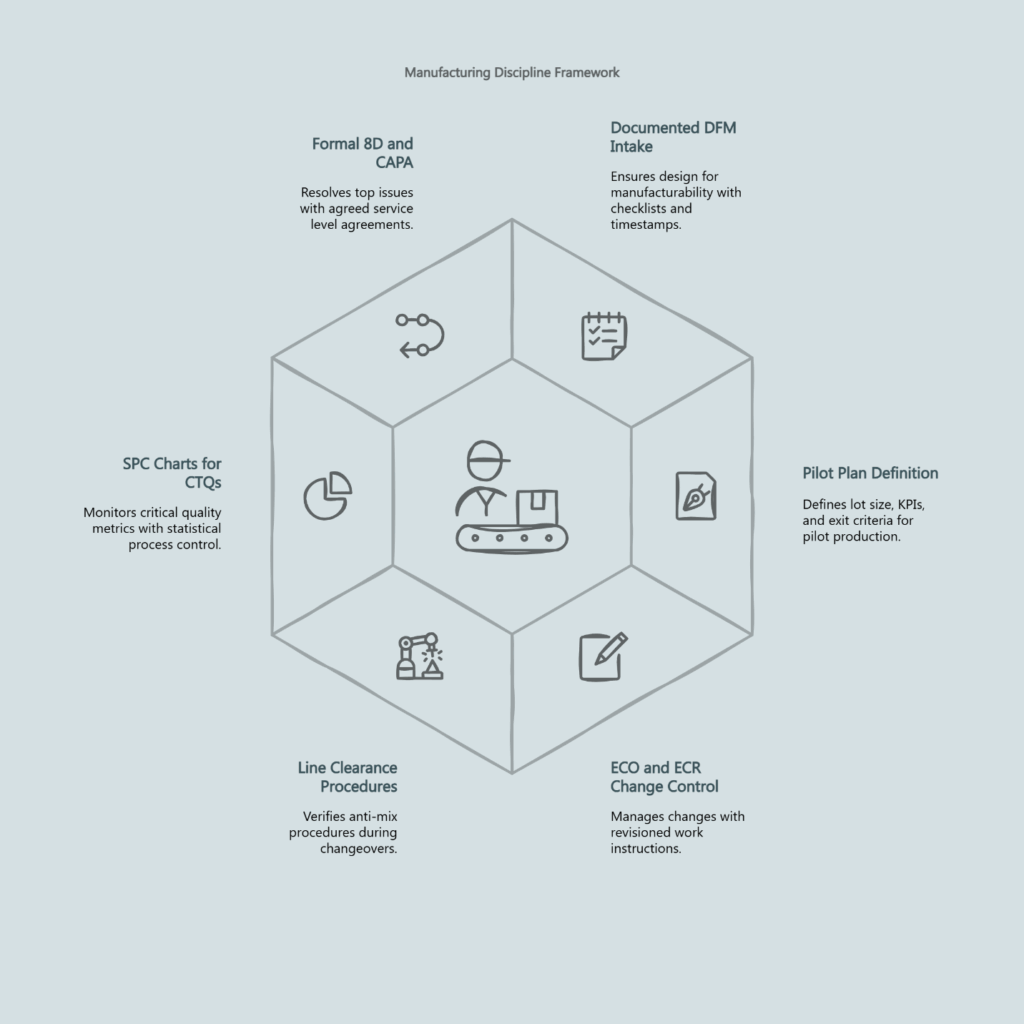 Hexagonal manufacturing framework showing DFM intake, pilot plan, ECO/ECR, line clearance, SPC charts, and 8D/CAPA.