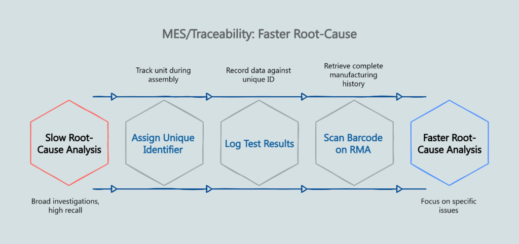 MES links each amplifier to test data via barcode/QR, enabling traceable manufacturing history and targeted analysis.