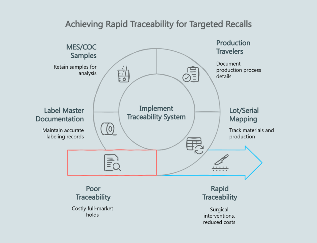 Infographic showing how a traceability system—MES/COC samples, production travelers, lot/serial mapping, and label master docs—enables rapid, targeted recalls (poor → rapid traceability).