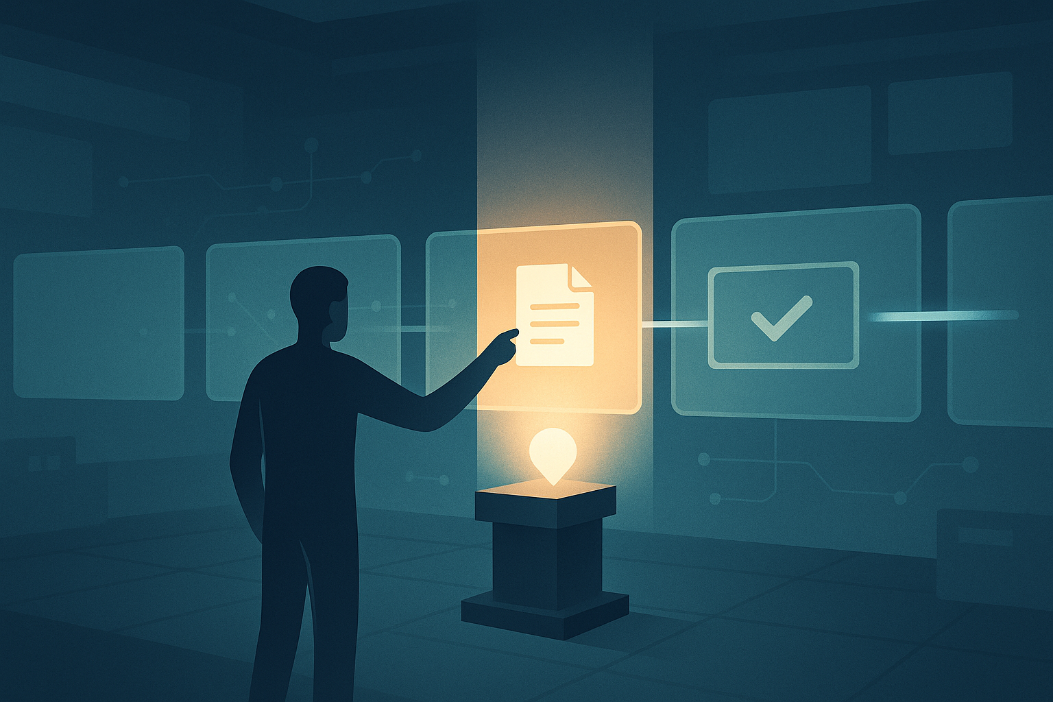 Stylized illustration of a program manager tapping a glowing artifact tile on a gated timeline.